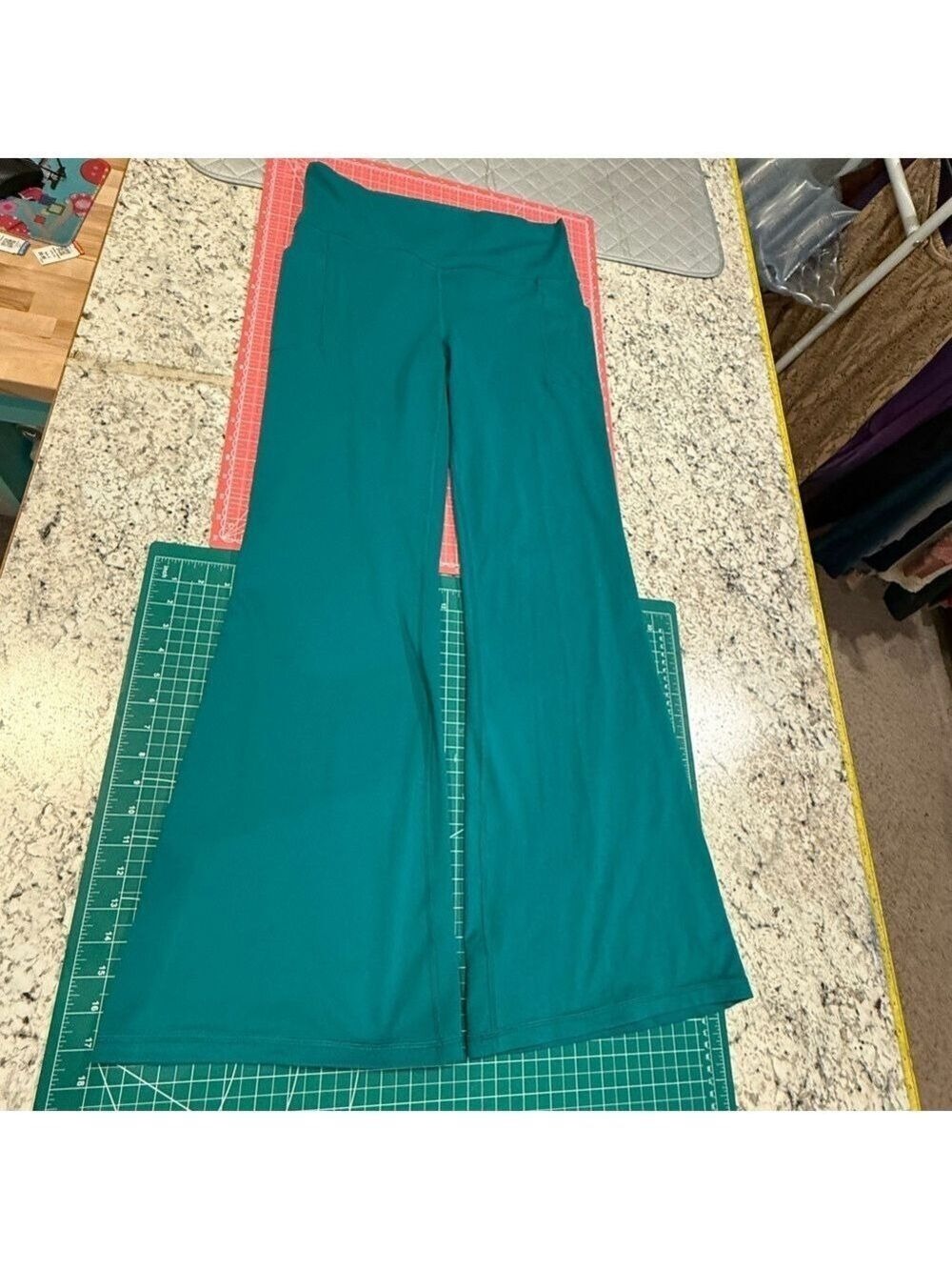 Athleta Salutation Leggings Stash Flare Teal Yoga Pants Pocket High Rise Large - Picture 7 of 11